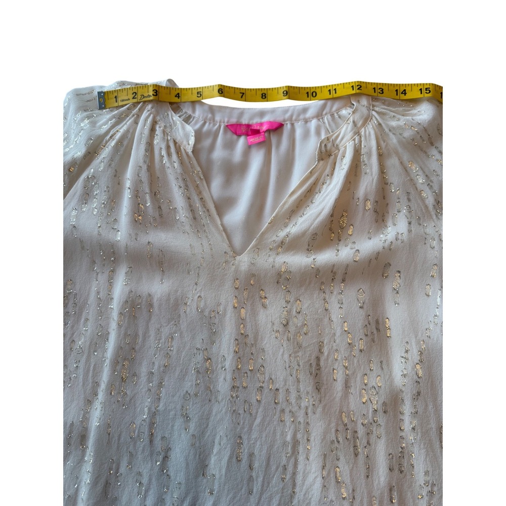 Lilly Pulitzer Silk Gold Metallic Fil Coupe Bell Sleeve Blouse White Small - Picture 4 of 8